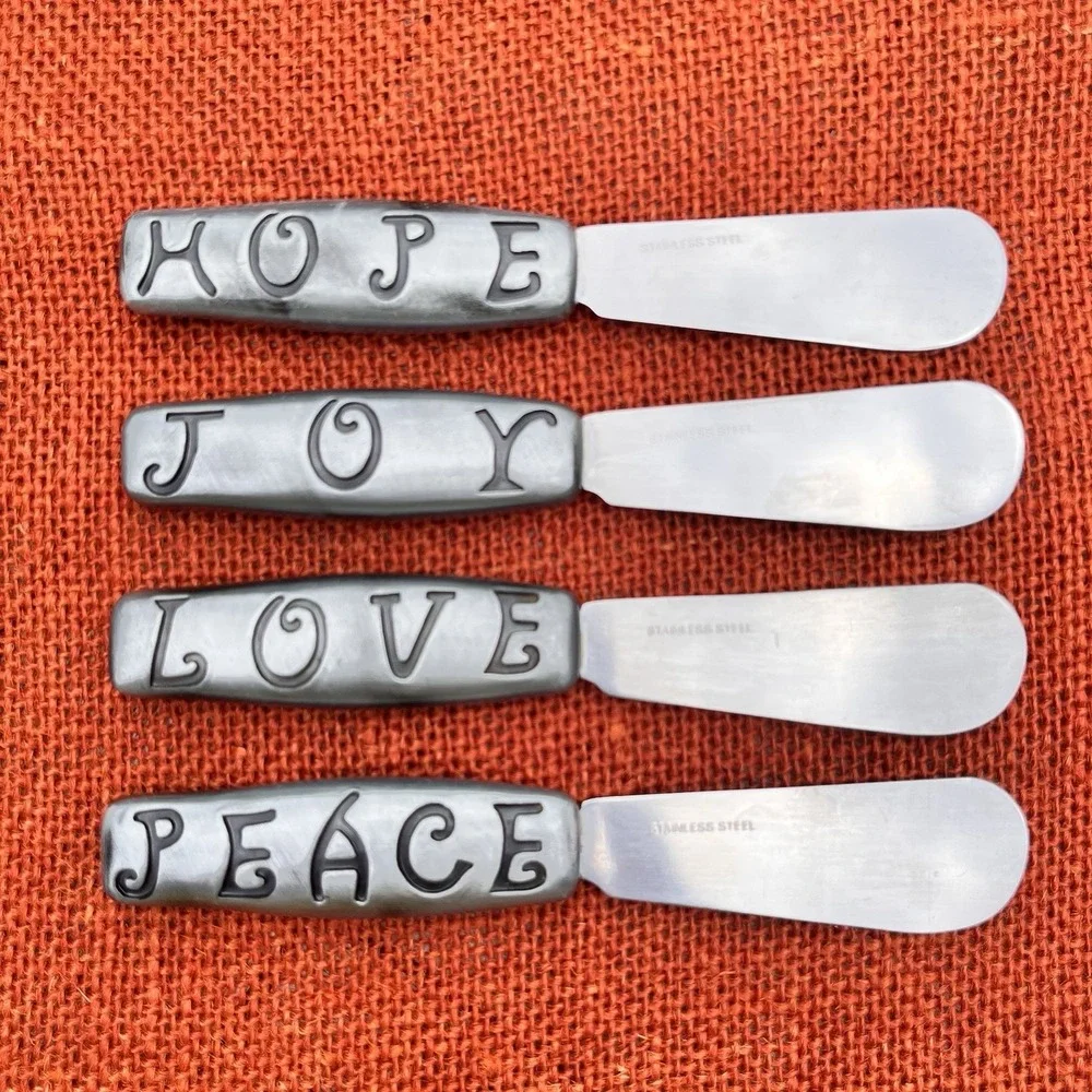 Holiday Spreader Knife Set (4) Stainless Cheese Appetizer Joy Love Peace Hope